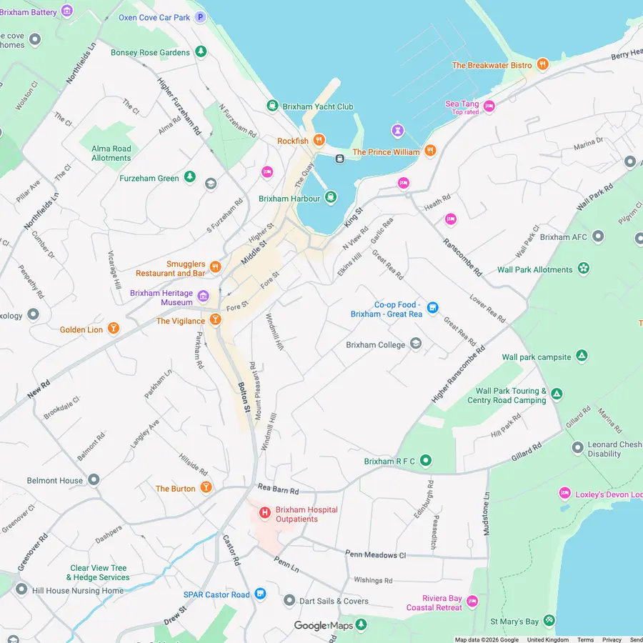 A standard map of Brixham harbour showing hotels, shops and businesses, with six other places to stay ringed in pink.